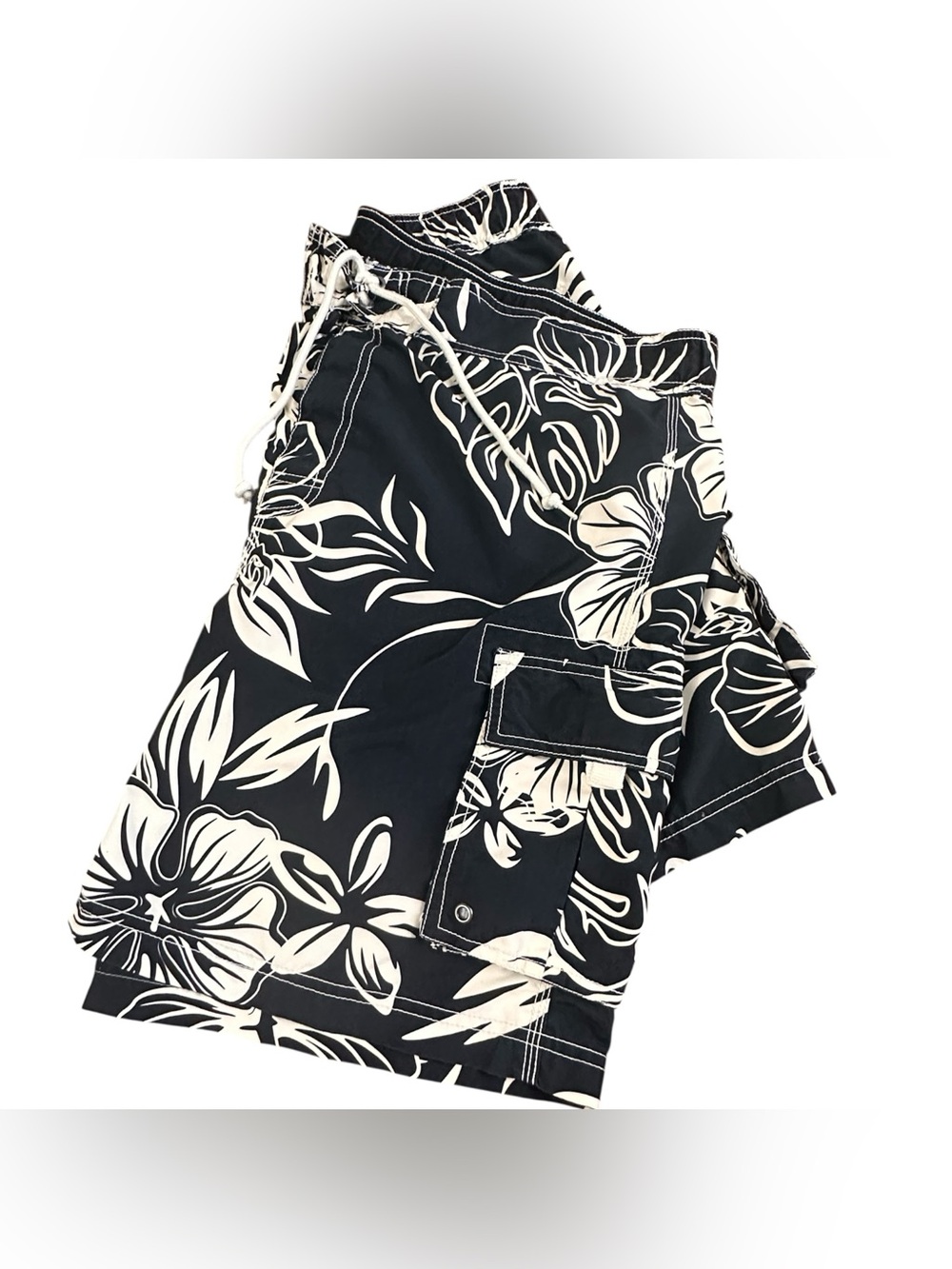 Sand N Sun Men’s Hawaiian Board Shorts Black White Floral Swim Trunks Size L